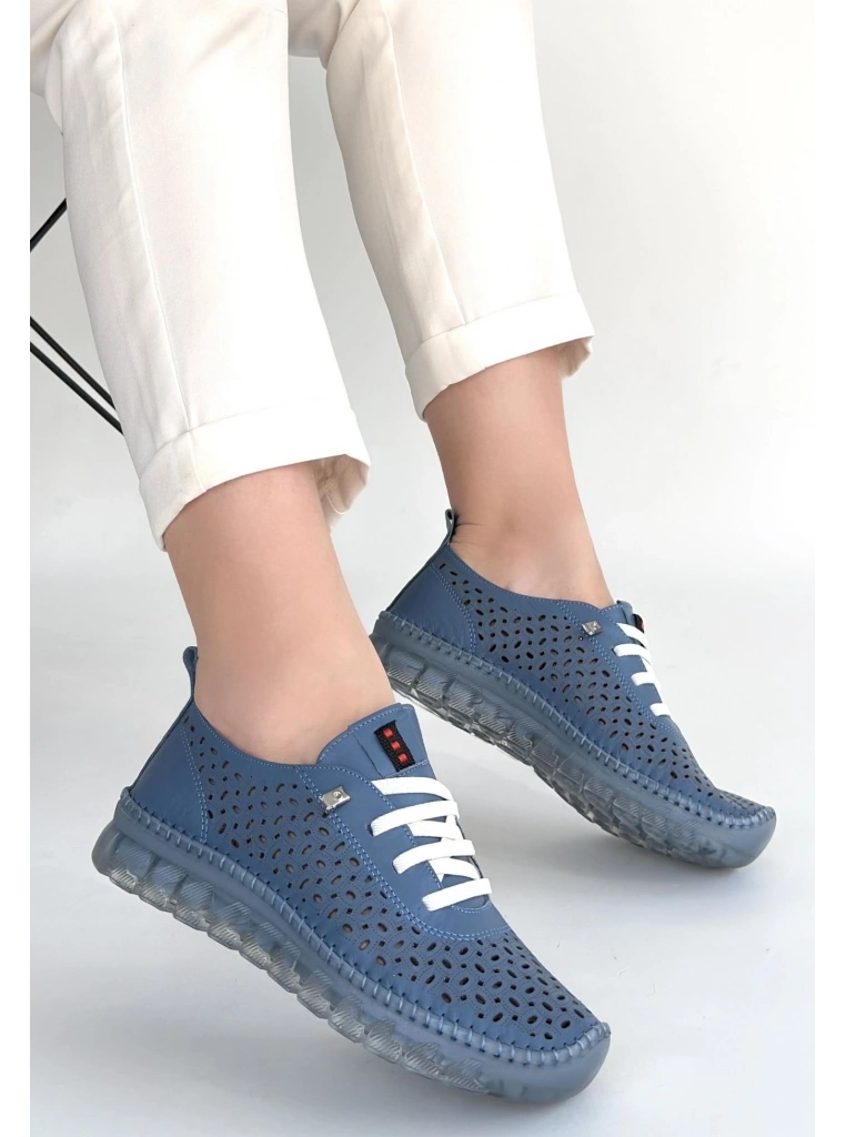 Otja Mavi Deri Lazerli Bağcıklı Spor Ayakkabı