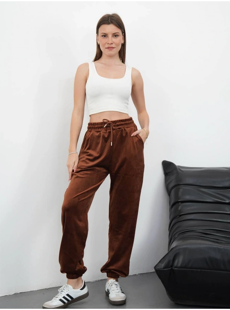 Paça lastikli kadife eşofman kahve md34