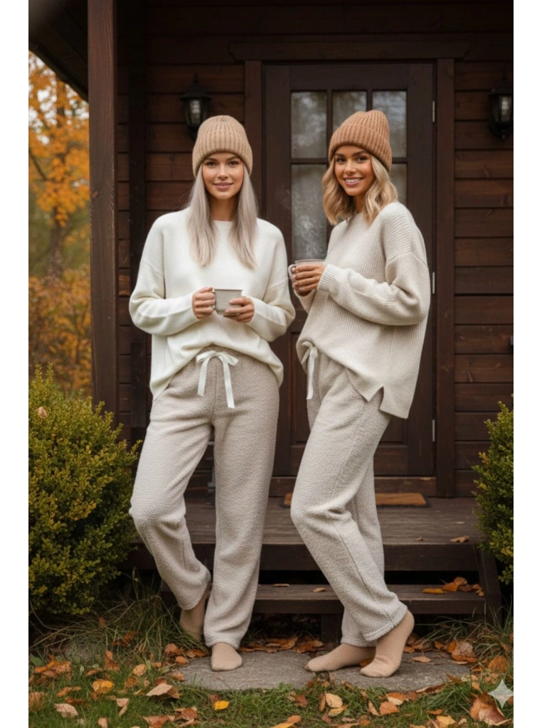 Peluşlu pijama alt bej nr