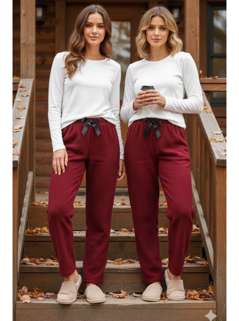 Peluşlu pijama alt bordo nr