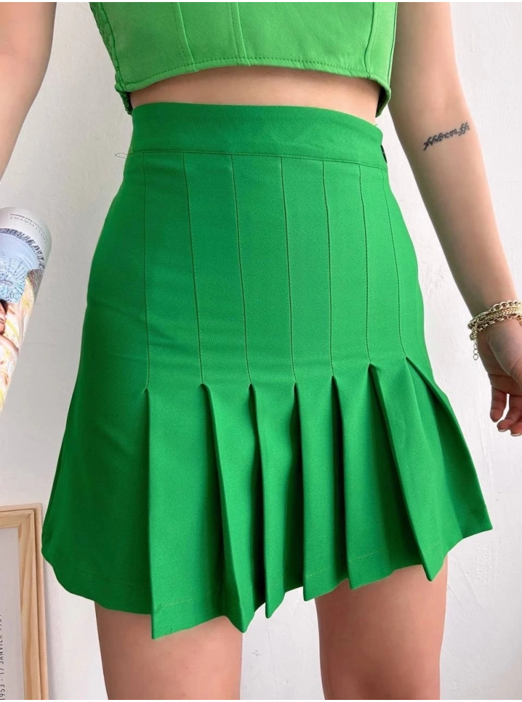 Pileli düğmeli etek açık yeşil s24811
