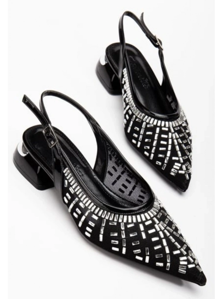 Piyar Siyah Taşlı Topuklu Ayakkabı