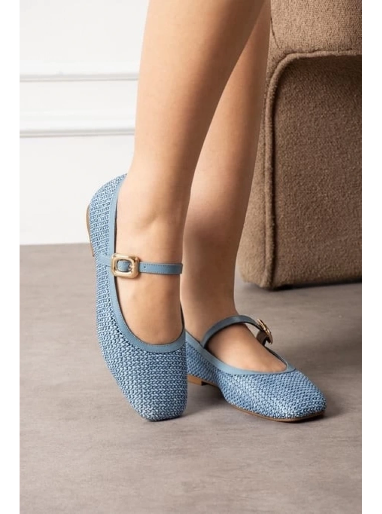 Rives Mavi Cilt Hasır Dokumalı Babet Ayakkabı