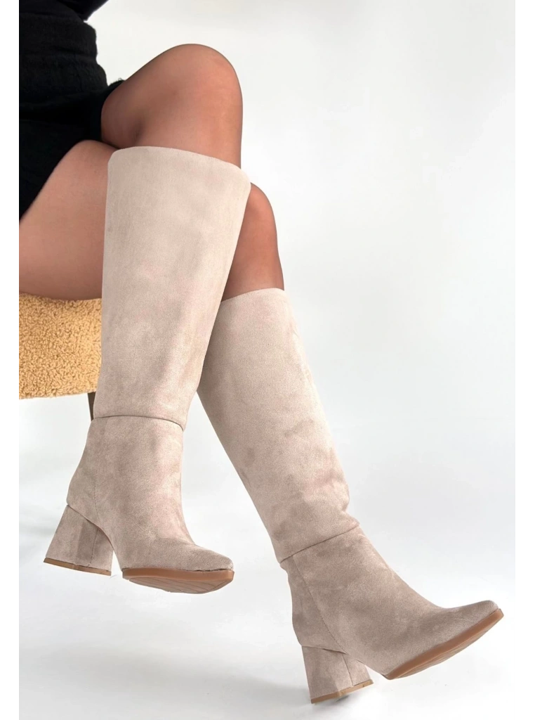 Roksa Bej Süet Topuklu Çizme