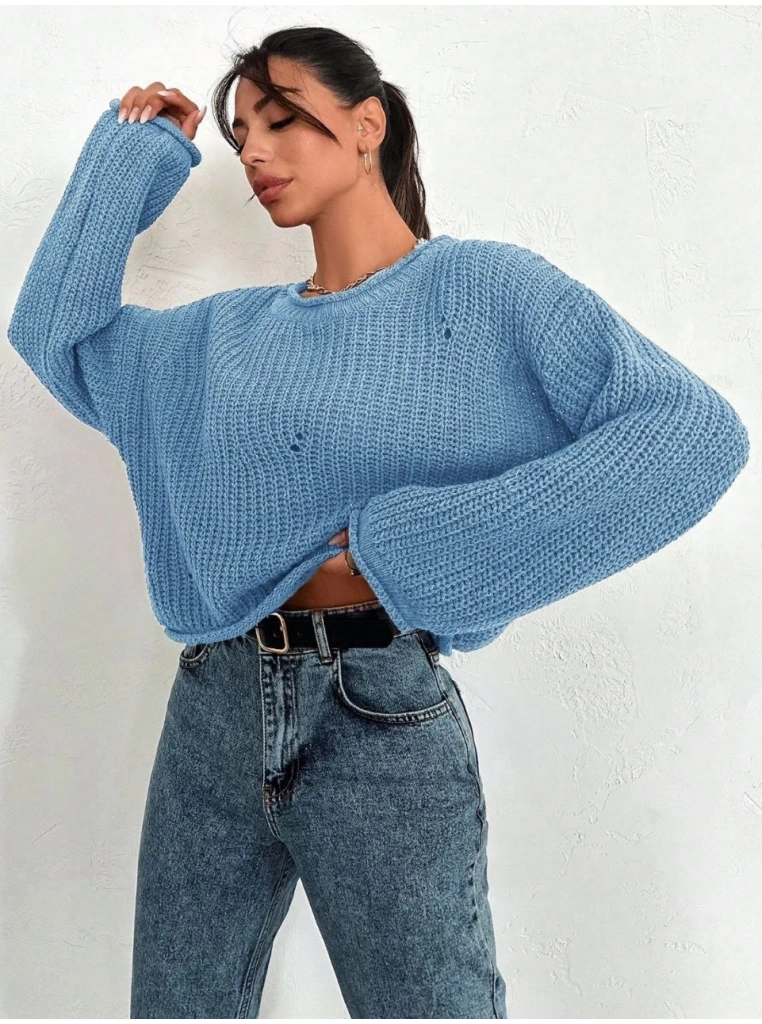 Salaş delik detaylı kazak mavi