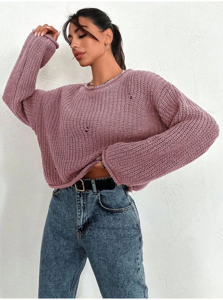 Salaş delik detaylı kazak pembe