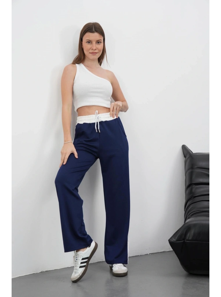 Şeritli garnili pantolon lacivert