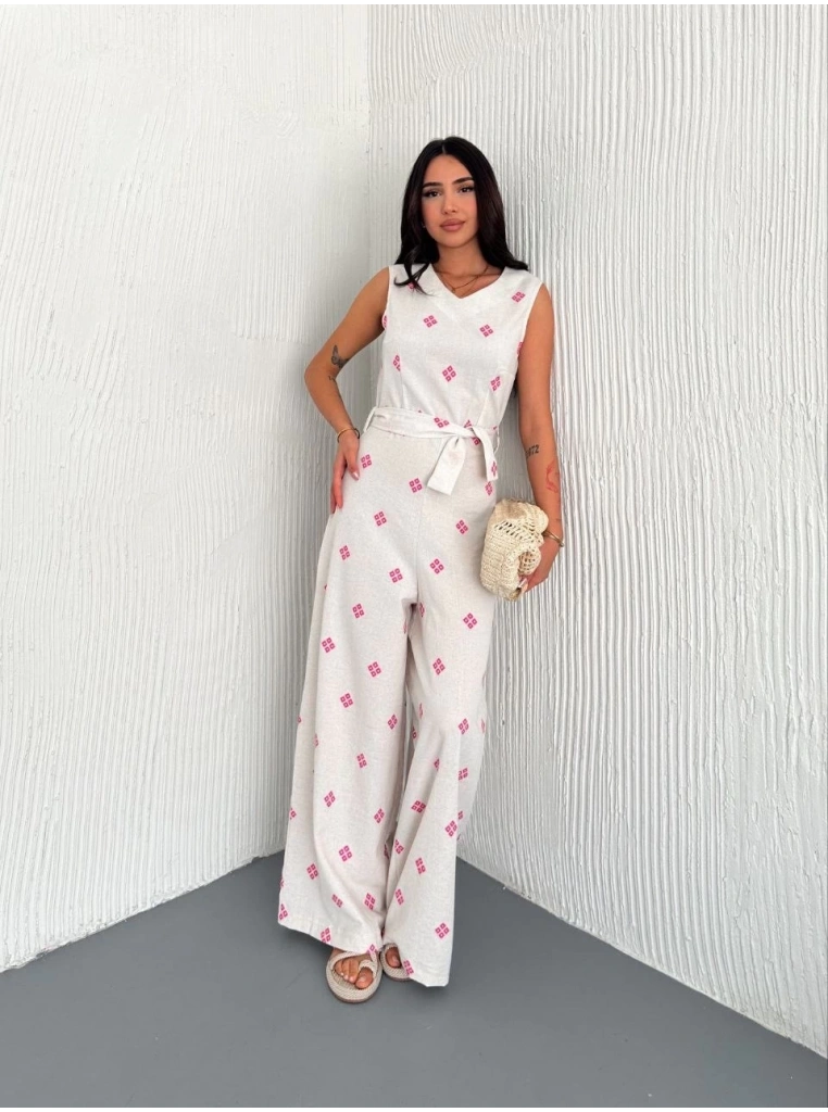 Sırt dekolteli keten beyaz tulum S1036