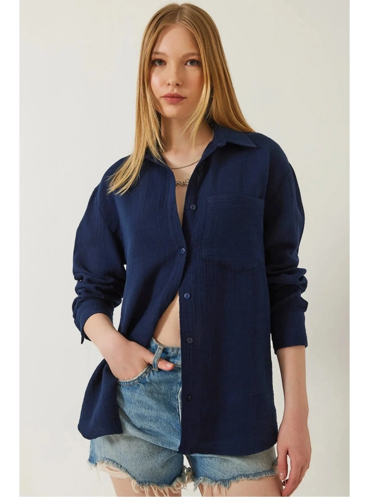 Tek cepli müslin gömlek lacivert pt