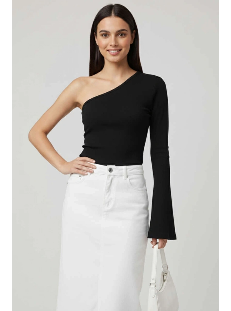 Tek Omuzlu Basic Bluz Siyah T4275