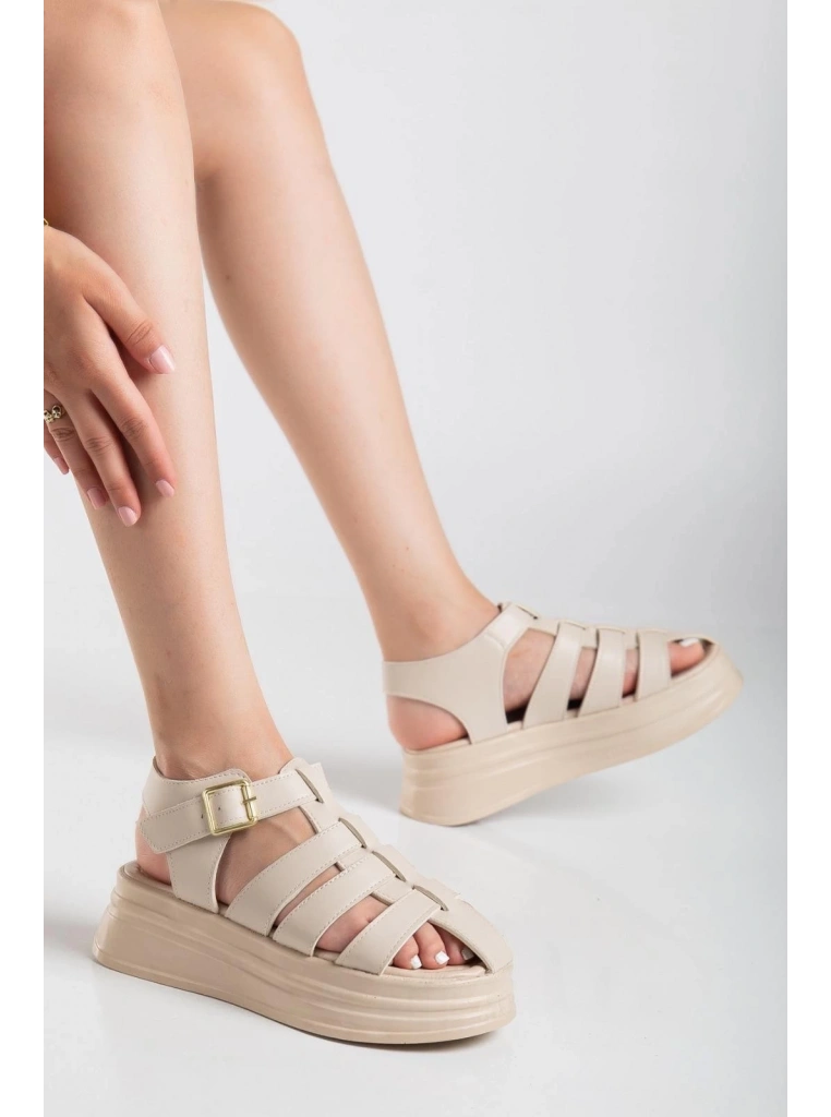 Toten Bej Cilt Kemerli Sandalet