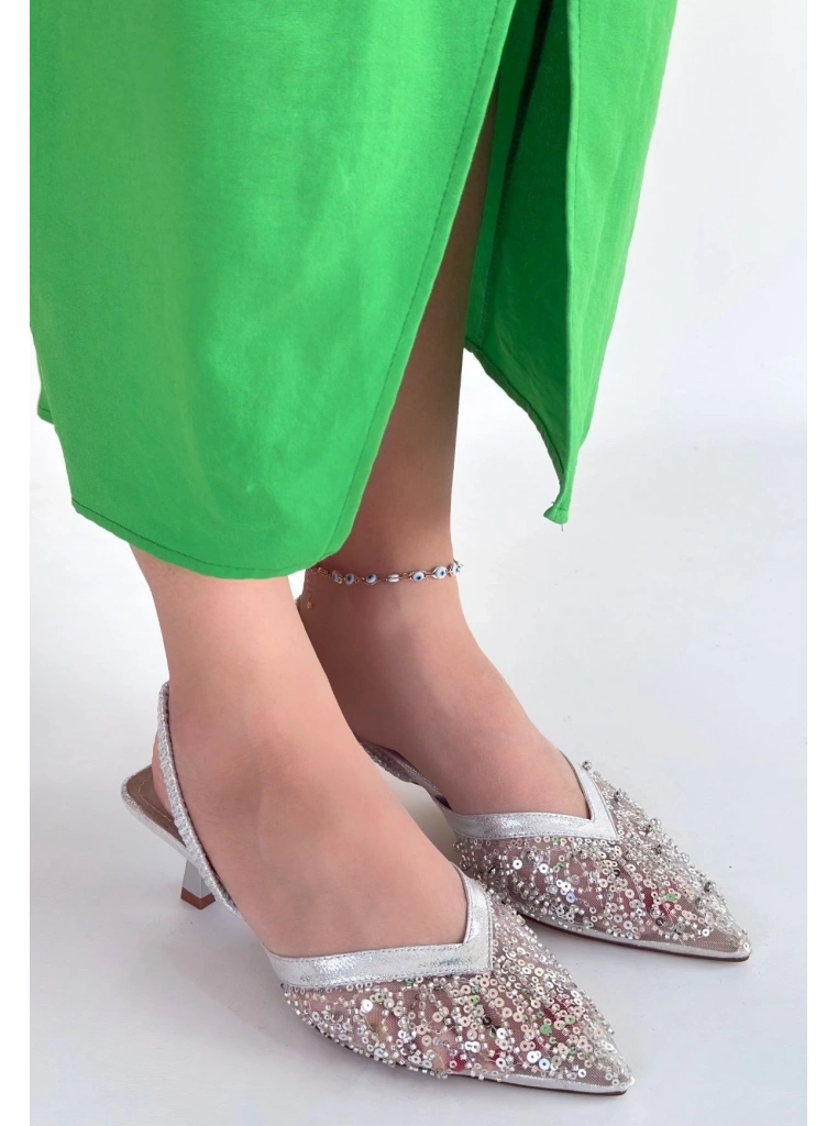 Toyi Gümüş Saten Topuklu Ayakkabı