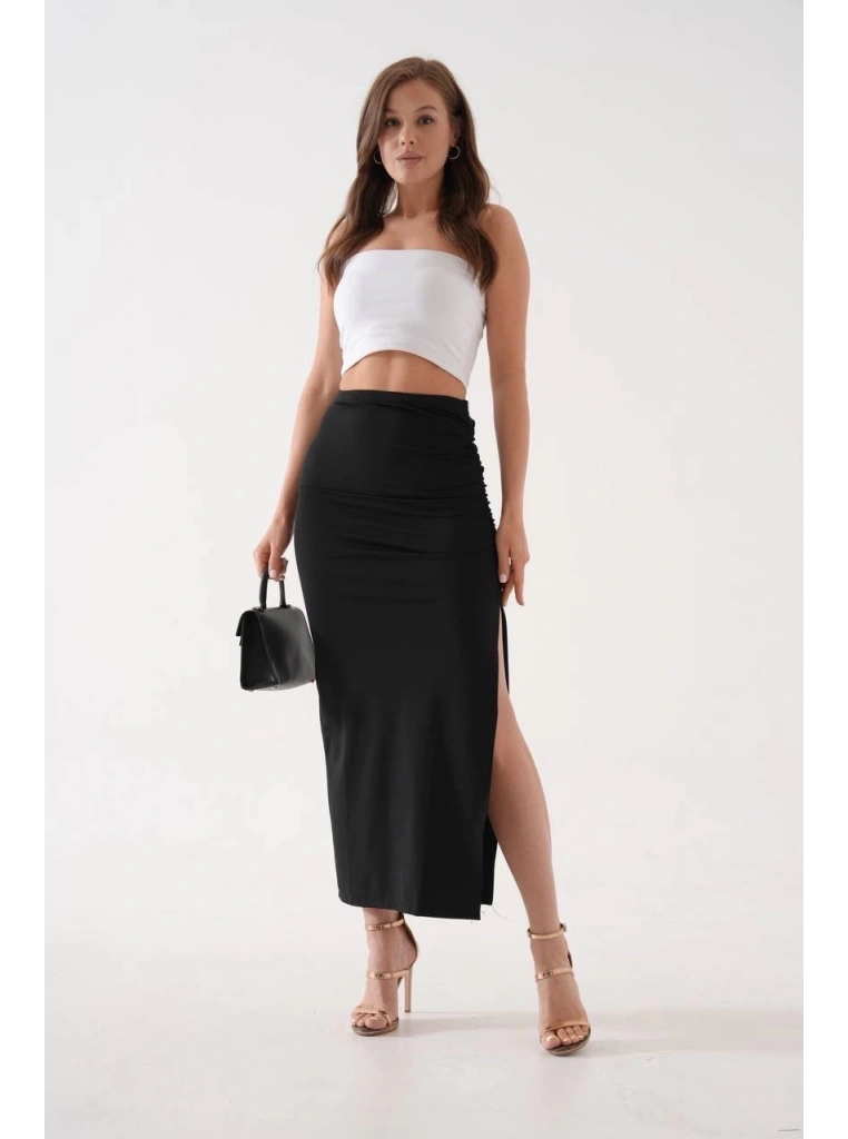 Uzun yırtmaçlı ince kumaş etek siyah