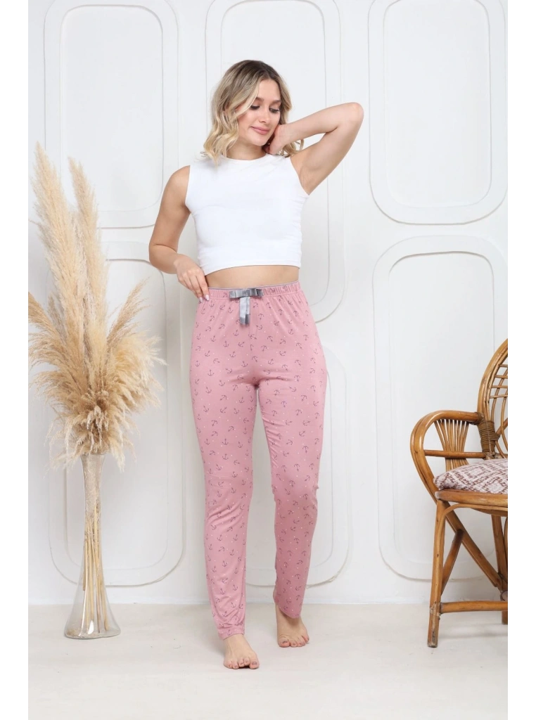 Viskon likralı alt pijama demir pembe baskı desenli q6018