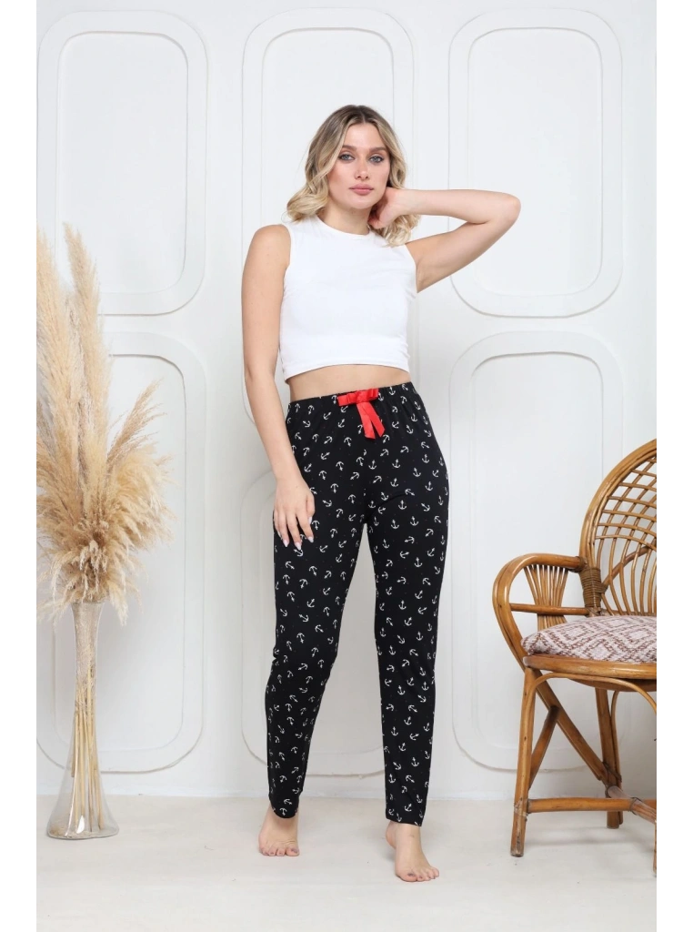 Viskon likralı alt pijama demir siyah baskı desenli q6018