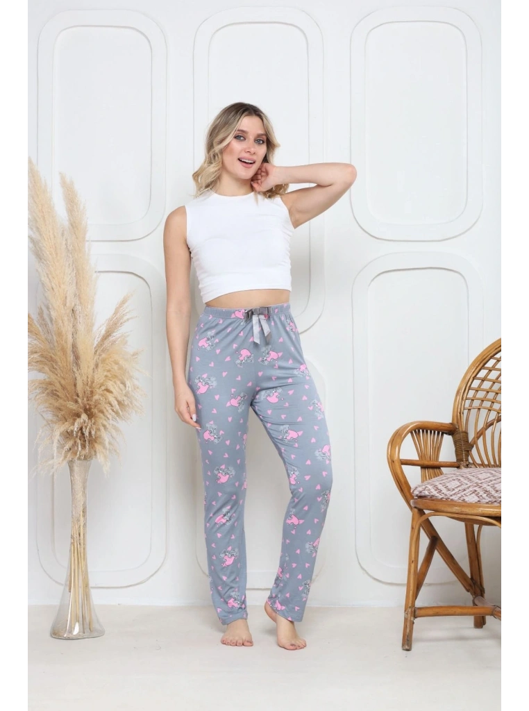 Viskon likralı alt pijama gri üzerine pembe kelebek baskı desenli q6018
