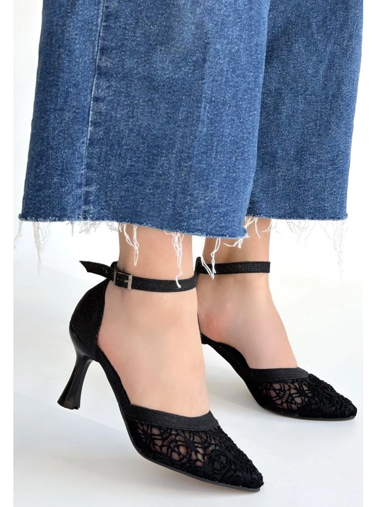Weja Siyah Cilt Tül Detaylı Simli Topuklu Ayakkabı