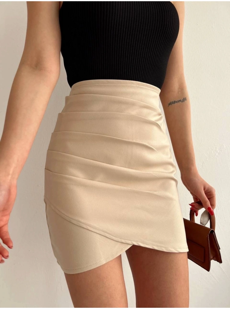 Yandan drapeli asimetrik etek bej s24771