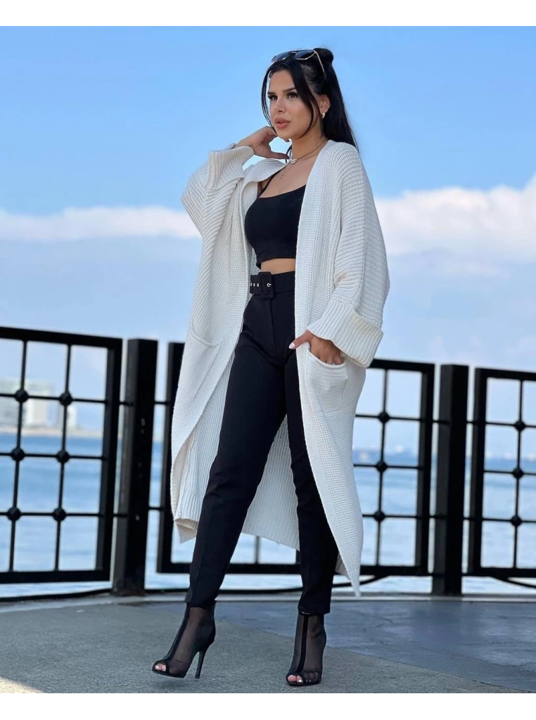 Yarasa kol uzun triko hırka beyaz