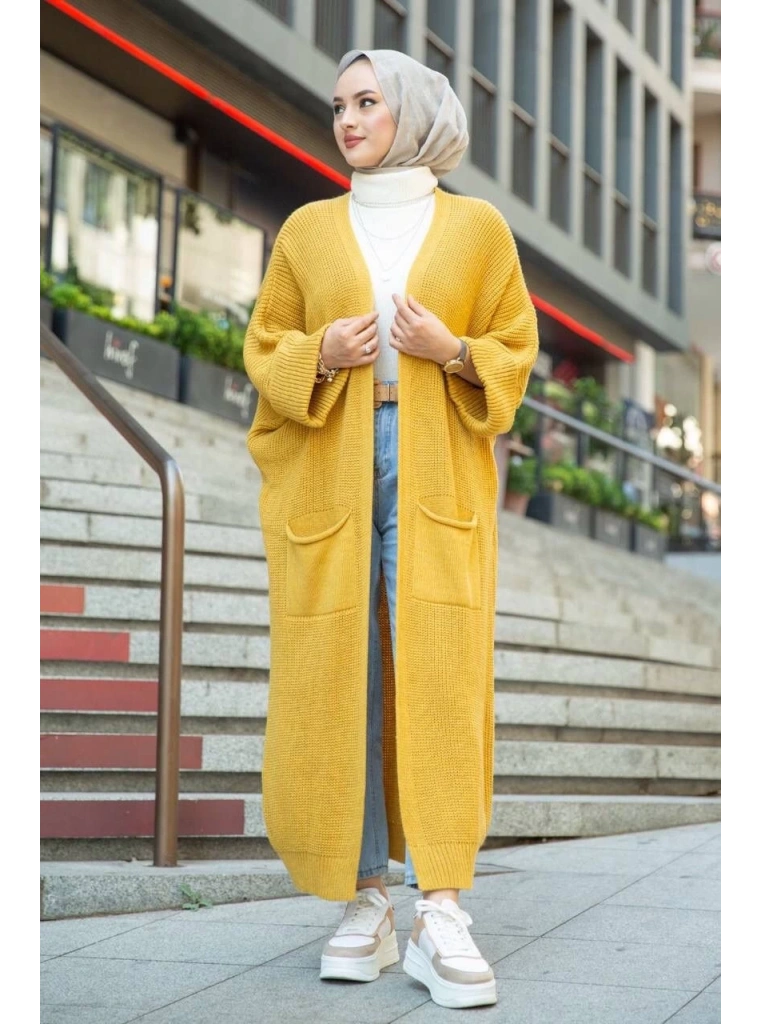 Yarasa kol uzun triko hırka hardal