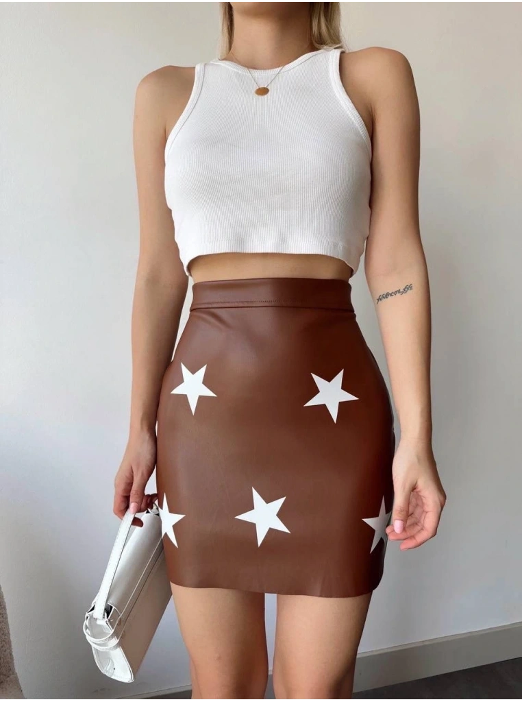 Yıldız baskılı deri etek kahve