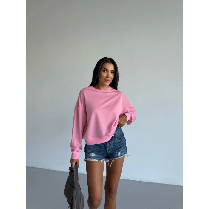 2 iplik bisiklet yaka sweat pembe f2339