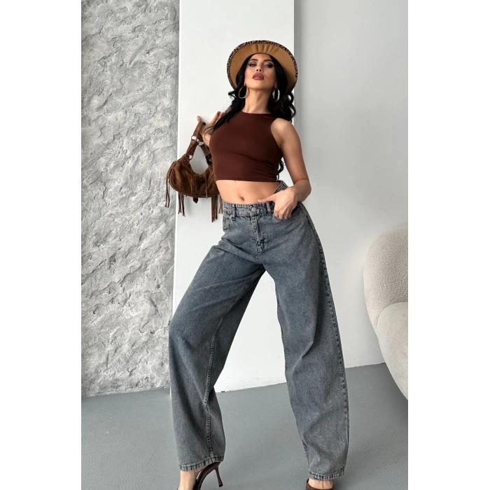 Baggy kar yıkama eskitme kahve jeans pantolon d2007