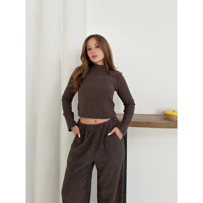 Balıkçı yaka örme takım kahve st265865