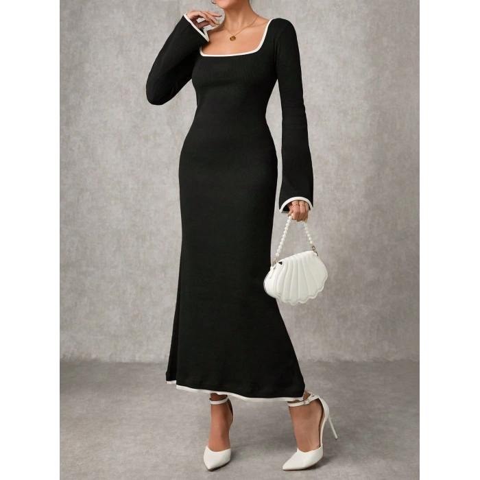 Biyeli uzun elbise siyah