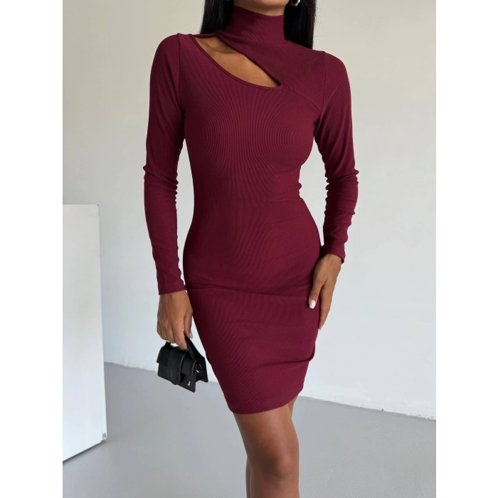 Boğazlı gögüs dekolteli elbise bordo f2333