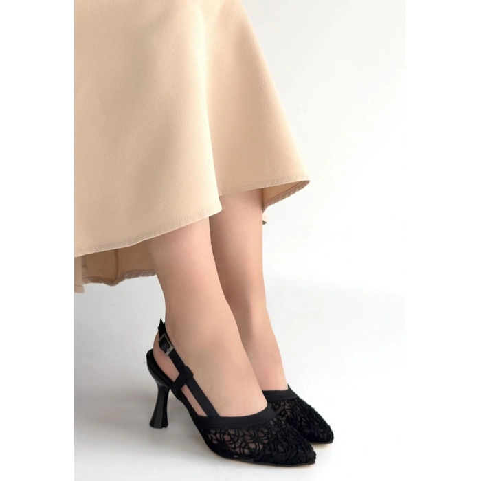 Ceta Siyah Cilt Tül Detaylı Topuklu Ayakkabı