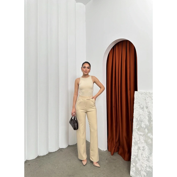 Cırtlı pantolon krep bej pt