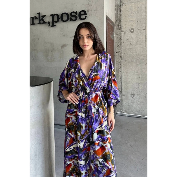 Dokuma baskılı yarasa kol elbise s8124