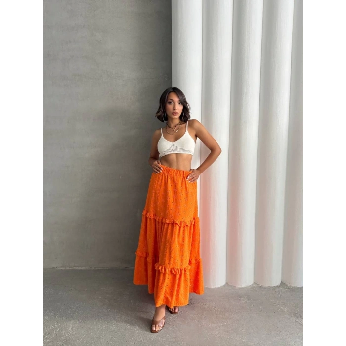 Fırfırlı brodeli astarlı uzun etek turuncu s255047