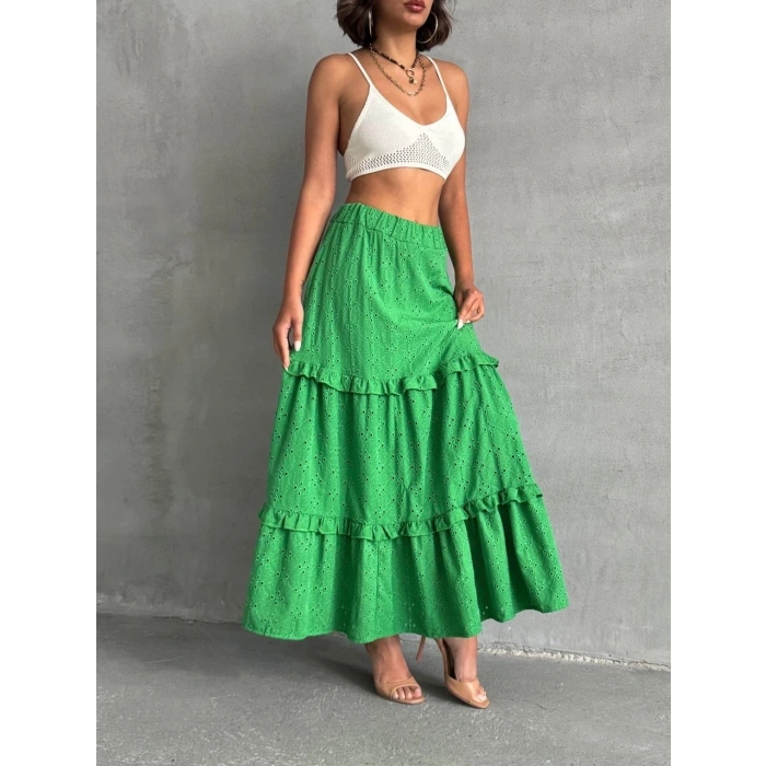 Fırfırlı brodeli astarlı uzun etek yeşil s255047