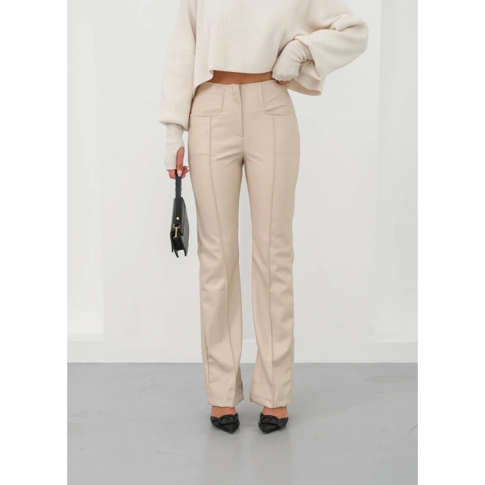 İspanyol yırtmaçlı paça deri pantolon bej hn