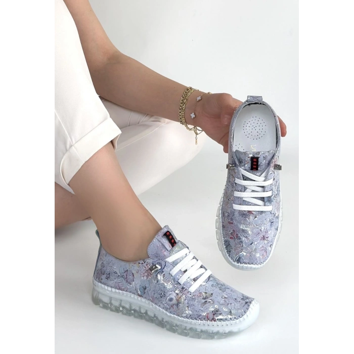 Kinte Lila Desenli Deri Bağcıklı Spor Ayakkabı