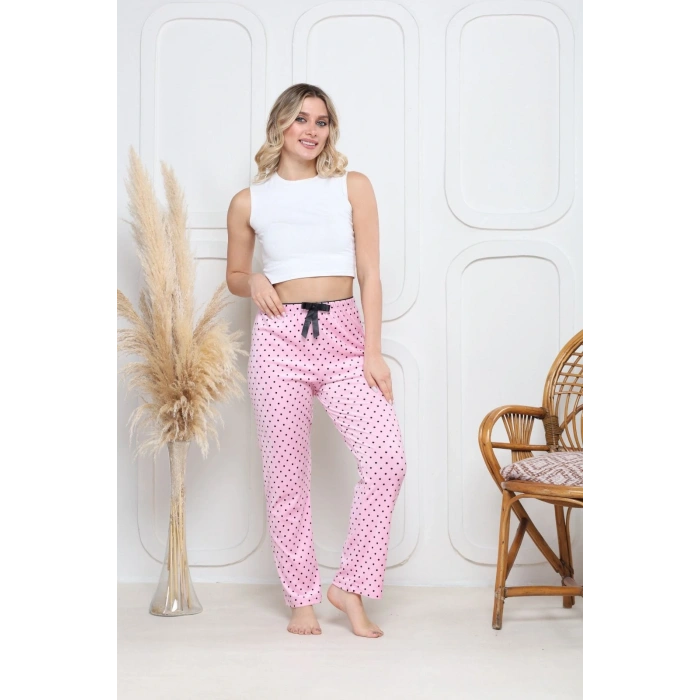 Kadife pijama altı pembe üzerine siyah pontiye desenli q7013