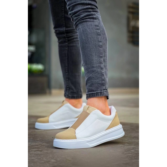 KB-007  Kuback  Beyaz Bej Yüksek Taban Tek Bant Bağcıksız Günlük Erkek Ayakkabı