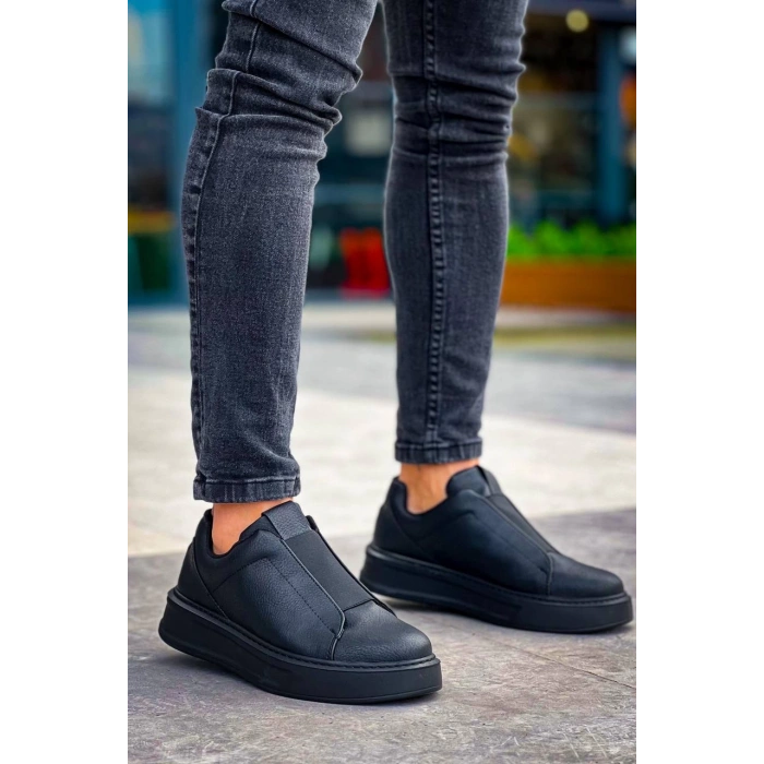 KB-007  Kuback Siyah Siyah Yüksek Taban Tek Bant Bağcıksız Günlük Erkek Ayakkabı