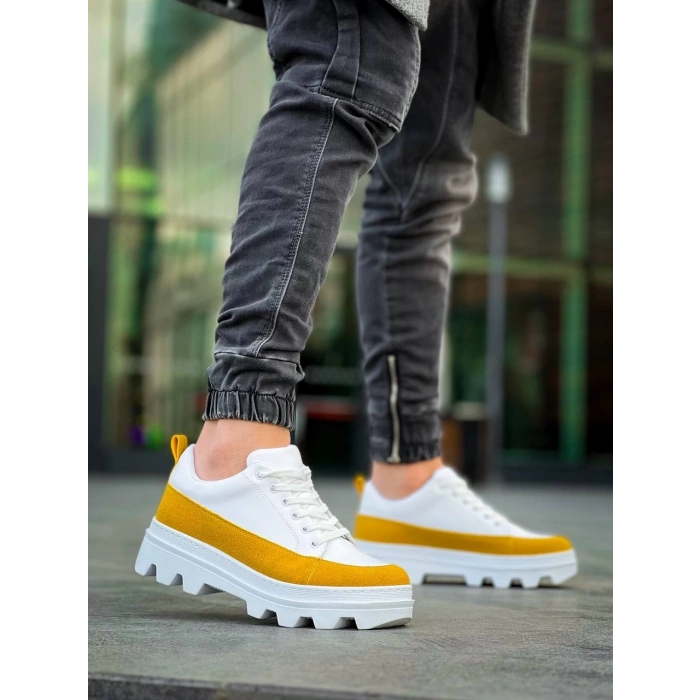 KB-056 Kuback Beyaz Sarı Detaylı Beyaz Yüksek Taban Günlük Spor Ayakkabı