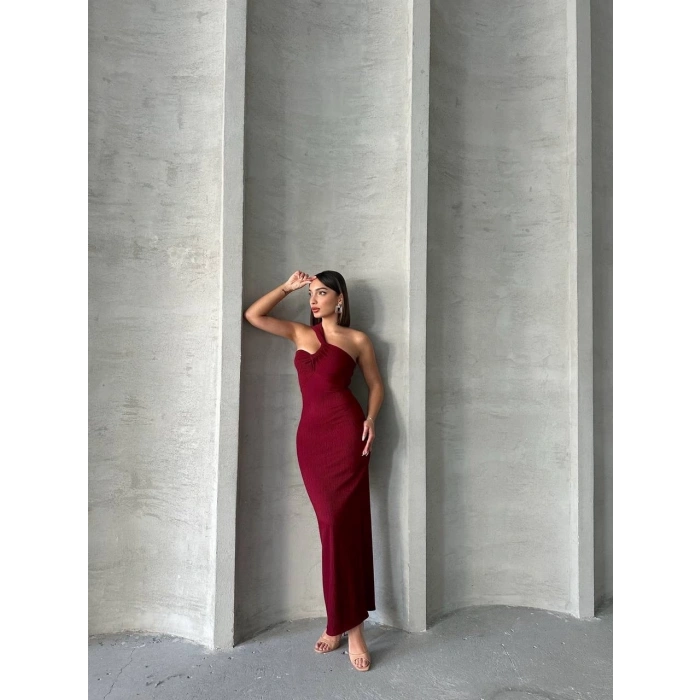 Krinkıl tek omuz uzun elbise bordo s25455
