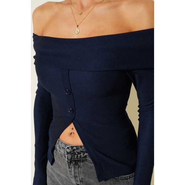 Madonna Yaka Düğmeli Bluz Lacivert t4329