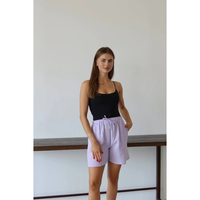 Müslin kumaş şort bağcıklı lila pt