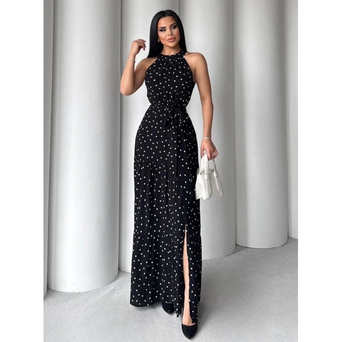 Puantiyeli yırtmaçlı elbise N4233