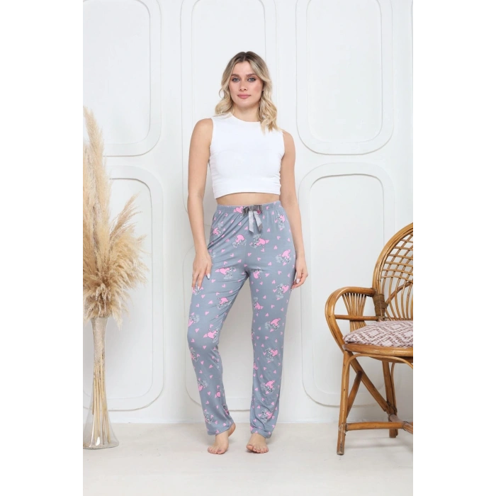 Viskon likralı alt pijama gri üzerine pembe kelebek baskı desenli q6018