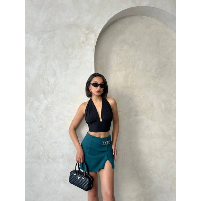 Zincirli şort etek petrol yeşili s24676