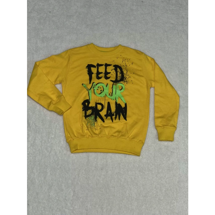 Fed baskılı bisiklet yaka sweatshirt erkek çocuk sarı