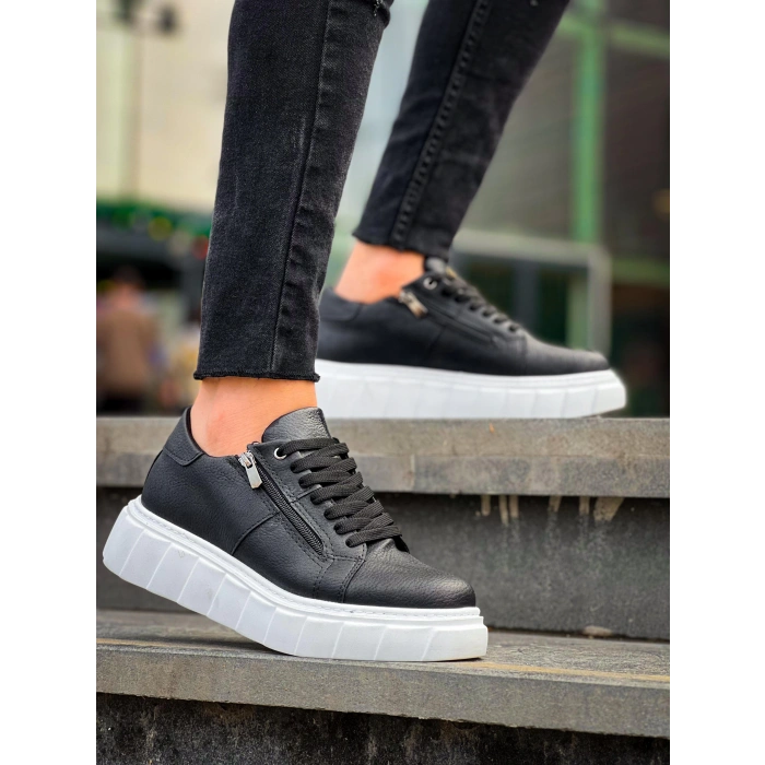 KB-X155 Kuback Siyah Cilt Detaylı Beyaz Yüksek Taban Günlük Spor Ayakkabı