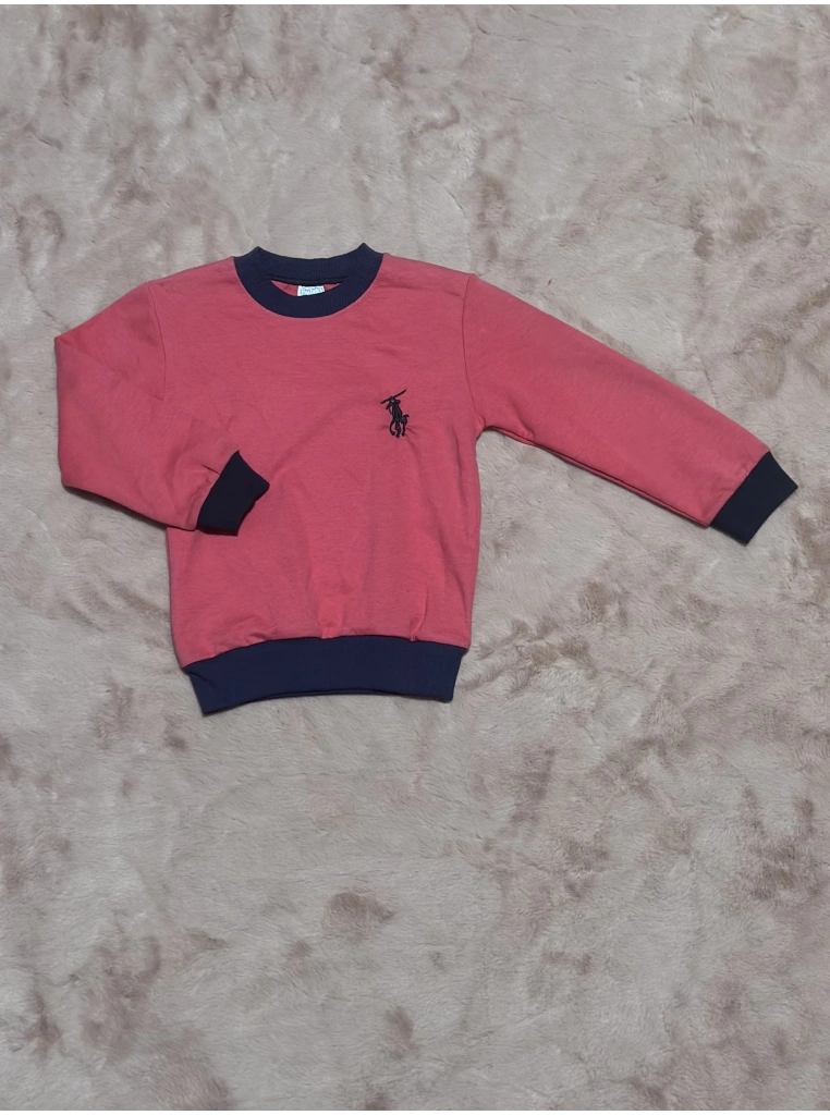 1-7 yaş Armalı bisiklet yaka lacivert biyeli sweatshirt fuşya